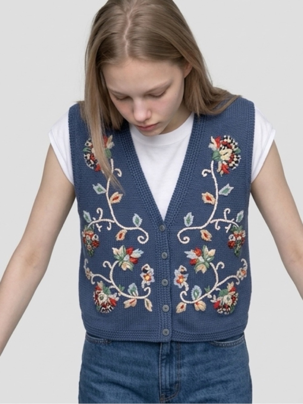 Cottage Core Blue Floral Embroidered Button-Front Knit Vest